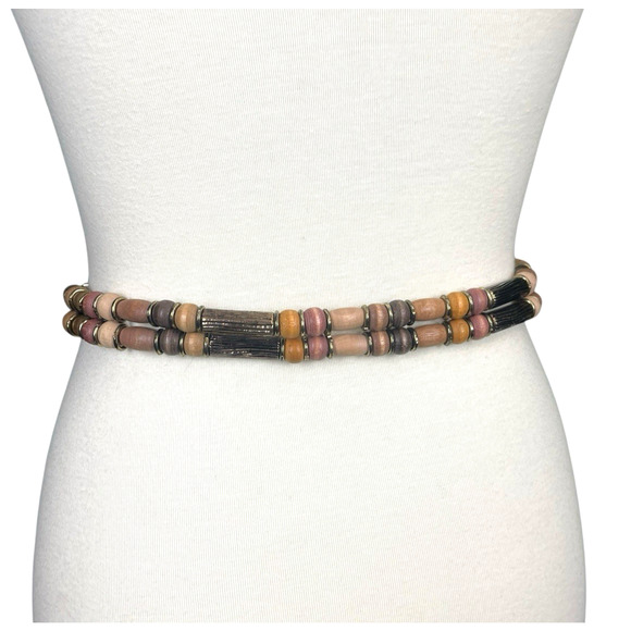Vintage Wood Beaded Belt Gold Buckle Adjust. Size Small Boho Style Vintage 90s - Picture 6 of 13